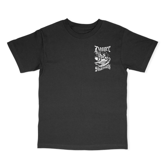 Dagger Grind black t-shirt with small Dagger Skateboards graphic on the front left chest