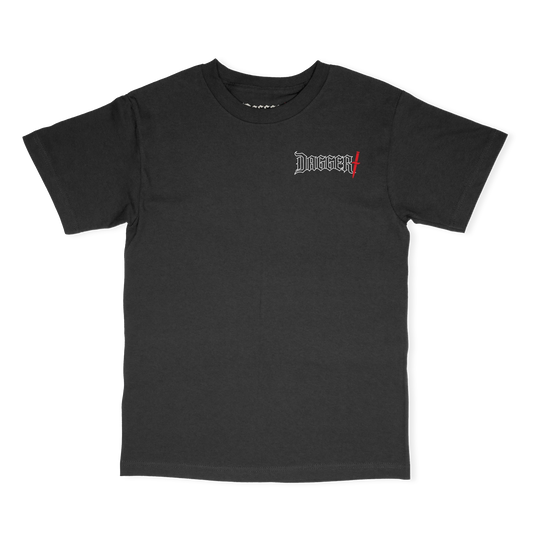 Dagger Outline Blade T-Shirt front, black tee with small white outline Dagger logo and red blade accent on the left chest