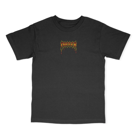 Black Dagger Panther Rose t-shirt with small Dagger wordmark on the front left chest