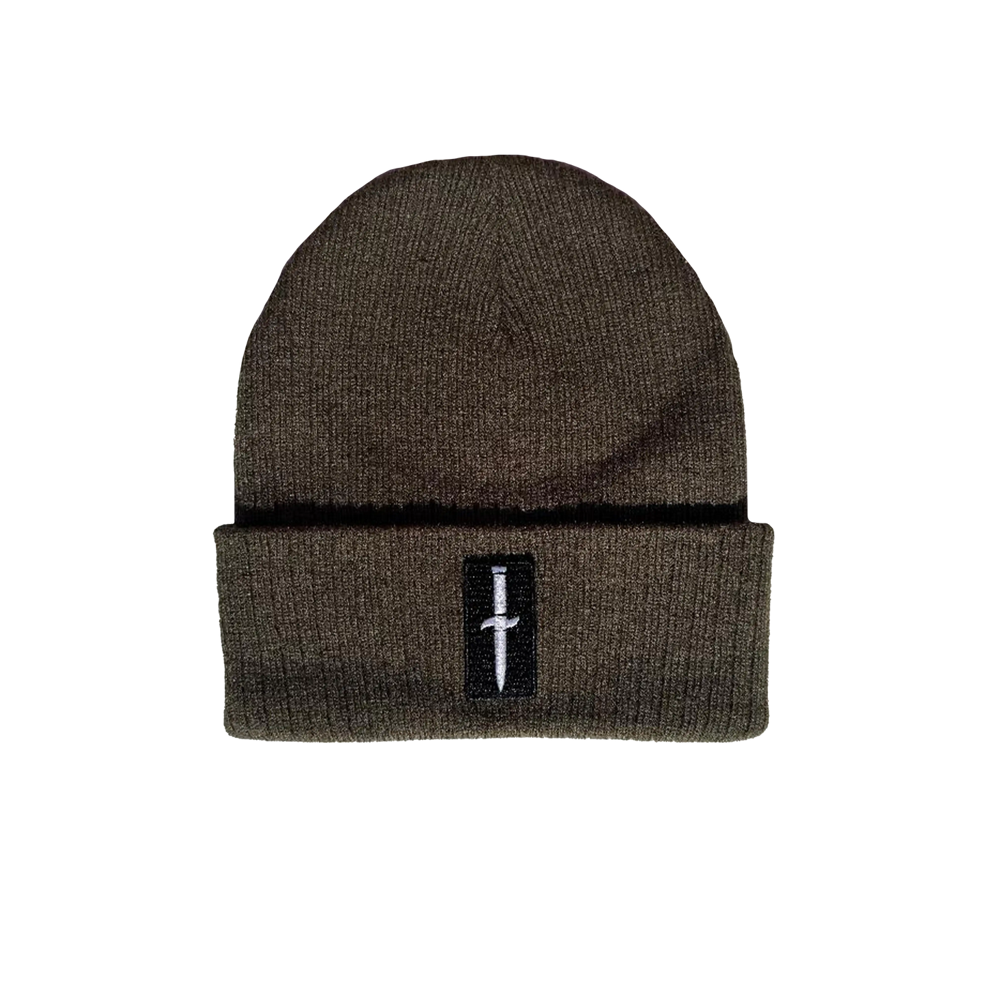 Olive knit cuff beanie with Dagger patch on front