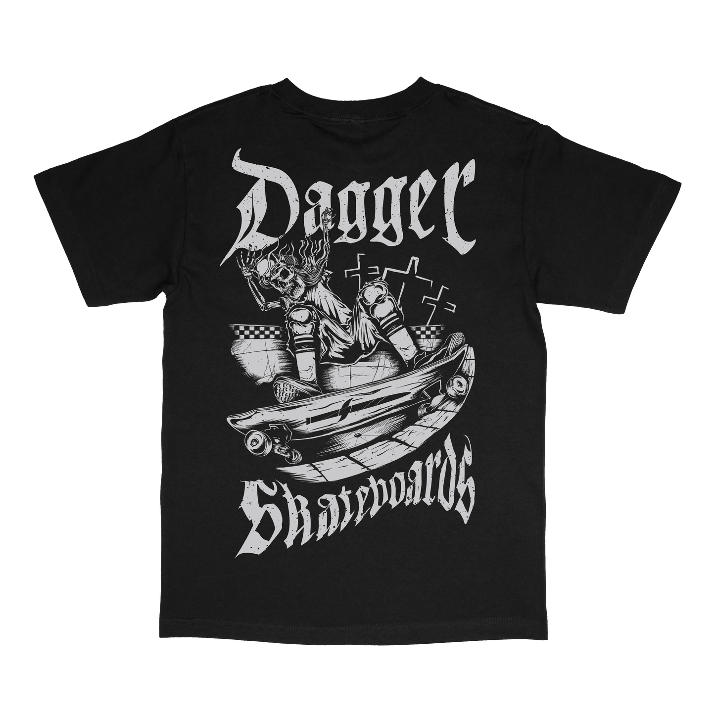 Black Dagger Skateboards Slashin T-shirt with large white back graphic featuring skateboard graveyard artwork and gothic lettering