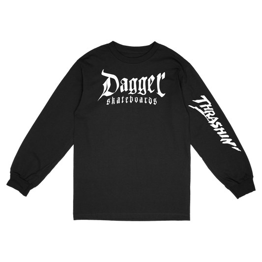 Thrashin Skull And Roses long sleeve shirt front view with graphic artwork by Dagger Skateboards