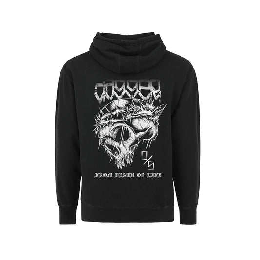 DAGGER SKATEBOARDS BLACK HOODIE WITH CROWN OF THORNS ON A SKULL WITH DRIPPING BLOOD. FROM DEATH TO LIFE