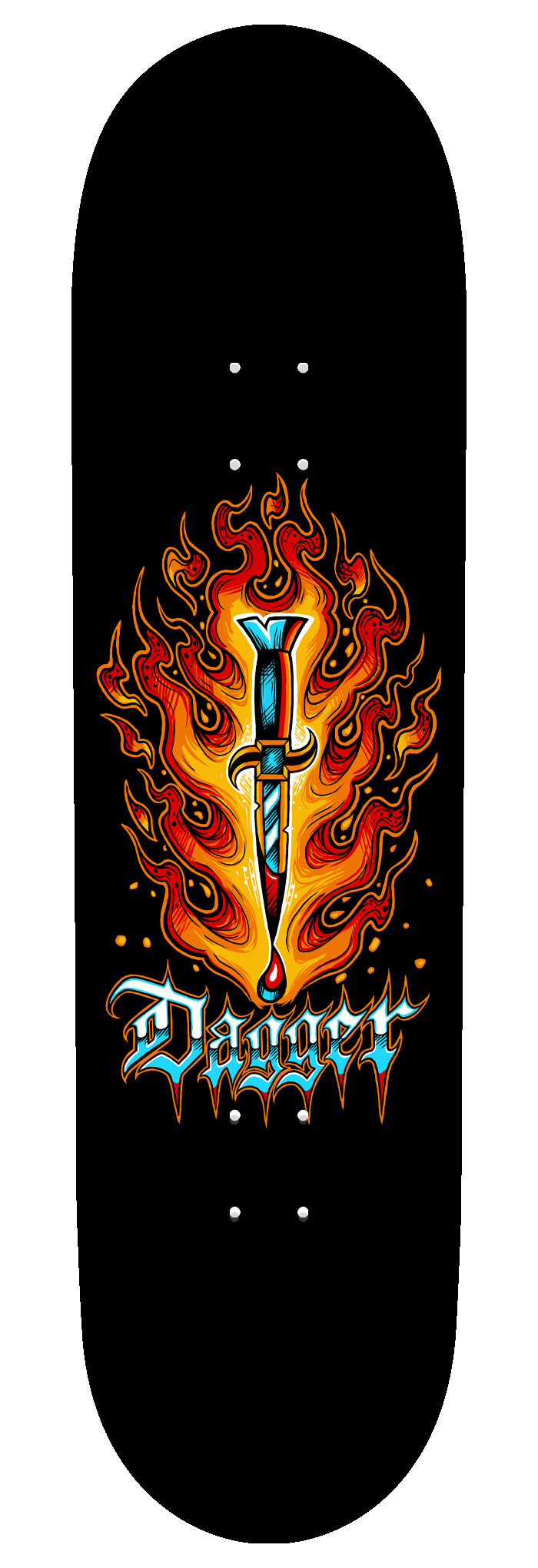Inferno skateboard deck by Dagger Skateboards with flame dagger graphic
