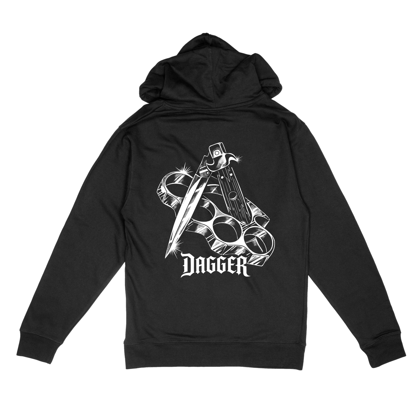Dagger Brass Knuckles black hoodie with large white blade and brass knuckles back graphic