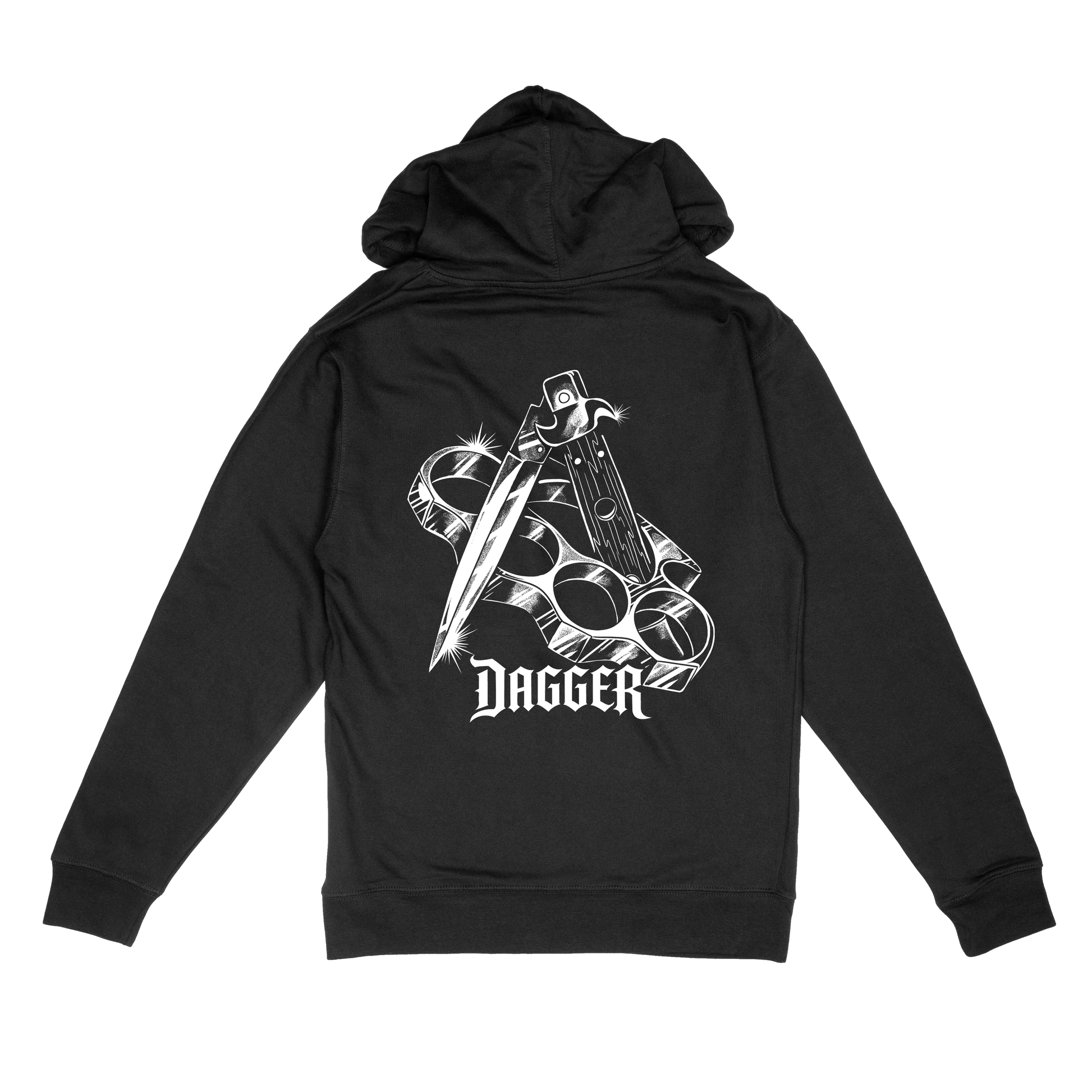 Dagger Brass Knuckles black hoodie with large white blade and brass knuckles back graphic