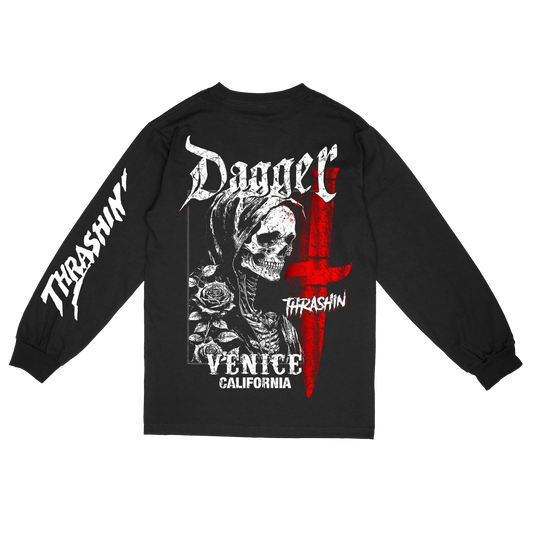 Thrashin Skull And Roses long sleeve shirt back view with graphic artwork by Dagger Skateboards
