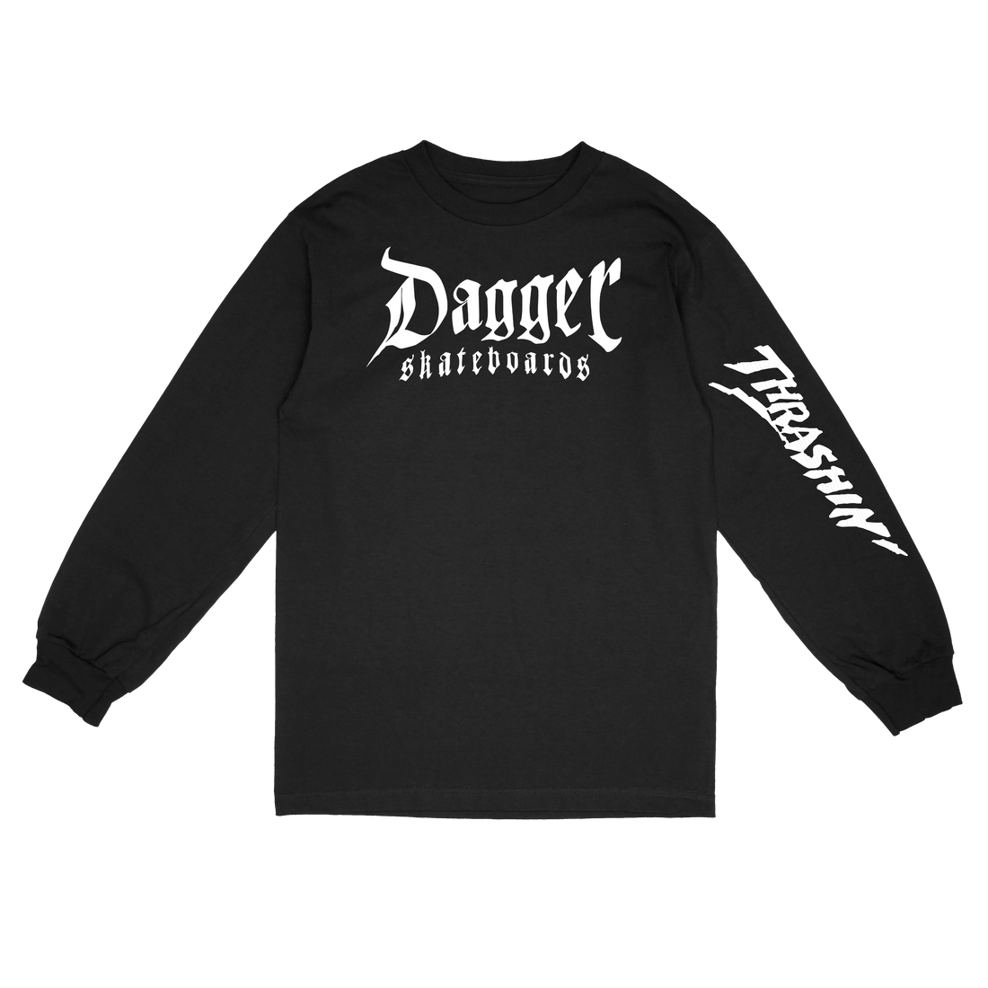 Thrashin Skull And Roses long sleeve shirt front view with graphic artwork by Dagger Skateboards