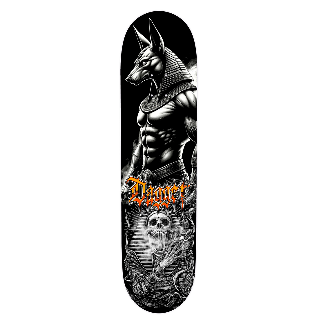 Dagger Skateboards deck featuring Anubis graphic artwork on a black and gold background