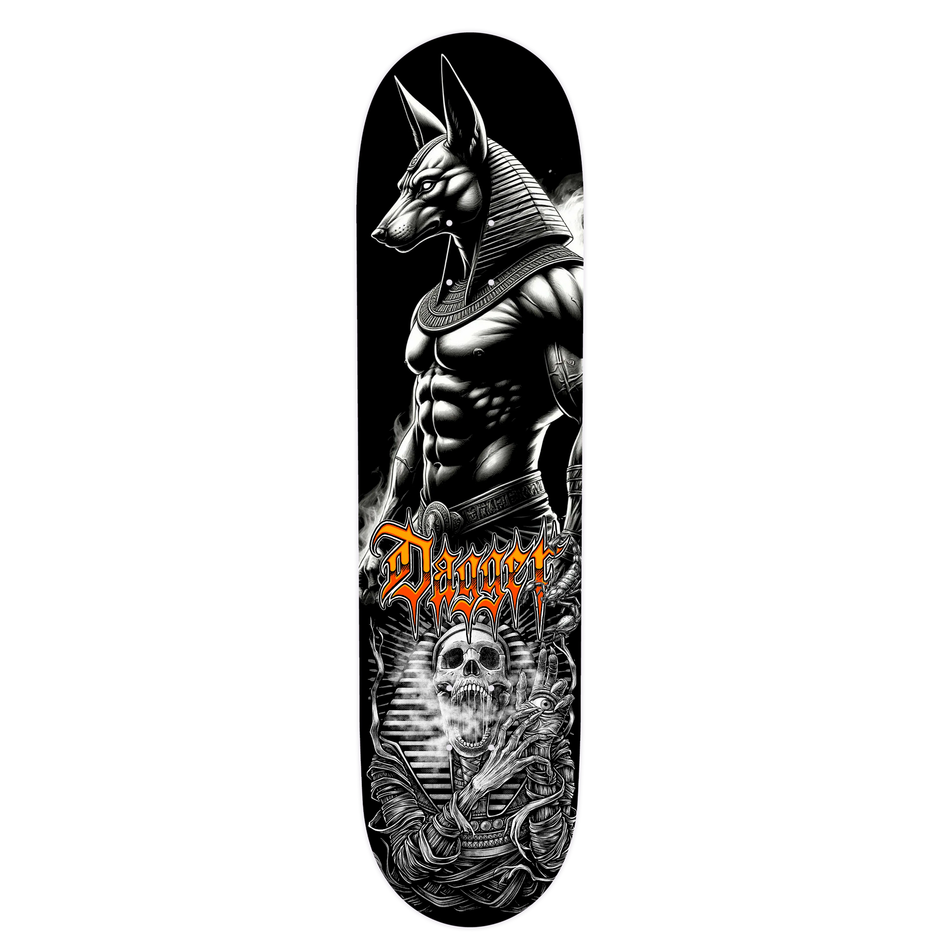 Dagger Skateboards deck featuring Anubis graphic artwork on a black and gold background