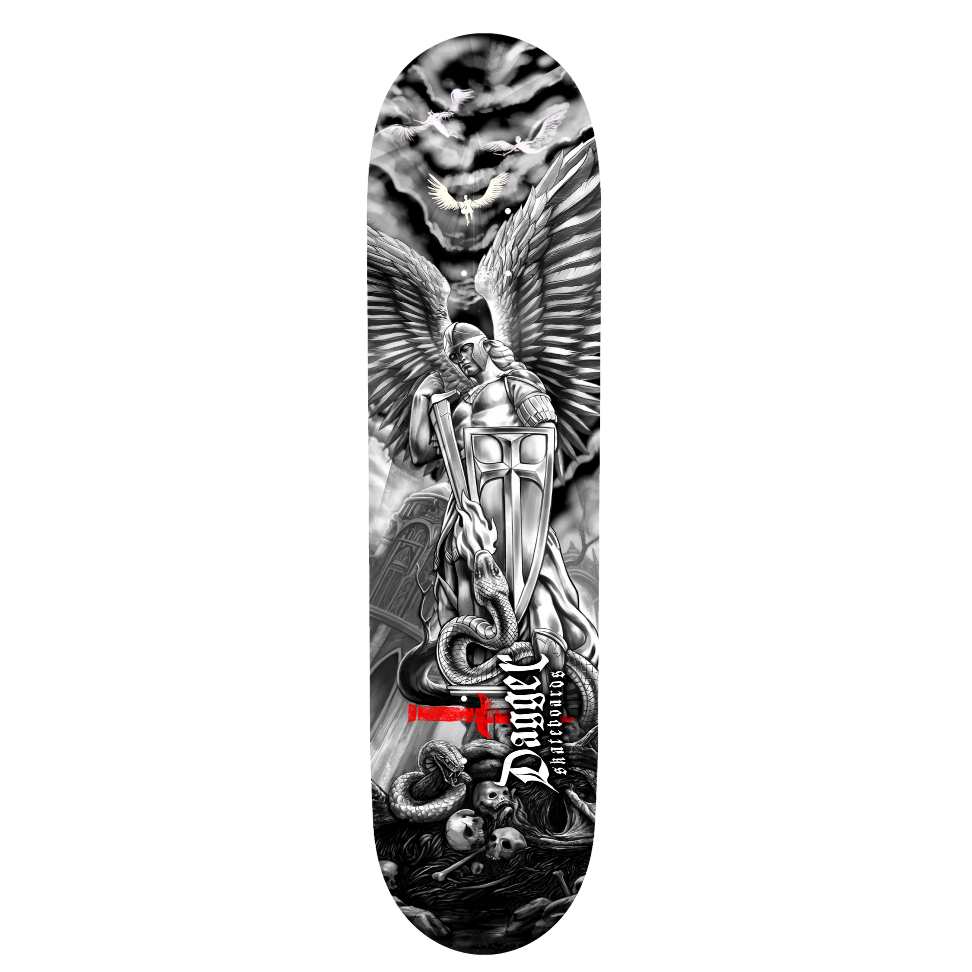 Dagger Skateboards Arch Angel deck — bottom graphic view (underside)