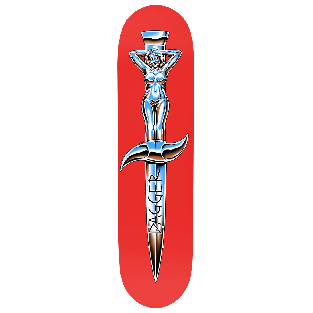 Dagger Chrome Angel skateboard deck featuring Woogie’s silver chrome dagger and female figure artwork on a red background.