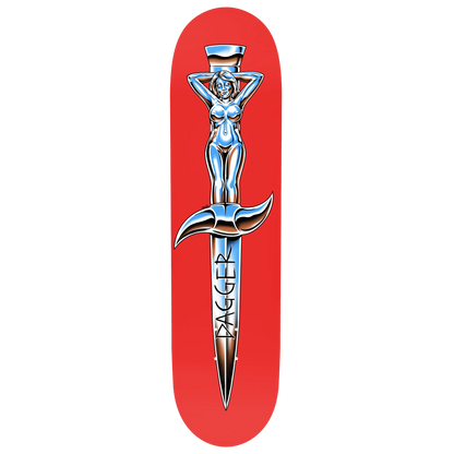 Dagger Chrome Angel skateboard deck featuring Woogie’s silver chrome dagger and female figure artwork on a red background.