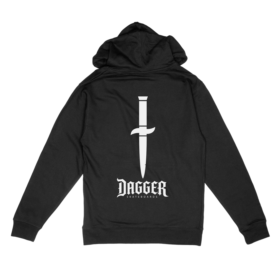 Dagger Blade Logo Hoodie back, black hoodie with large white dagger graphic above the Dagger Skateboards logo