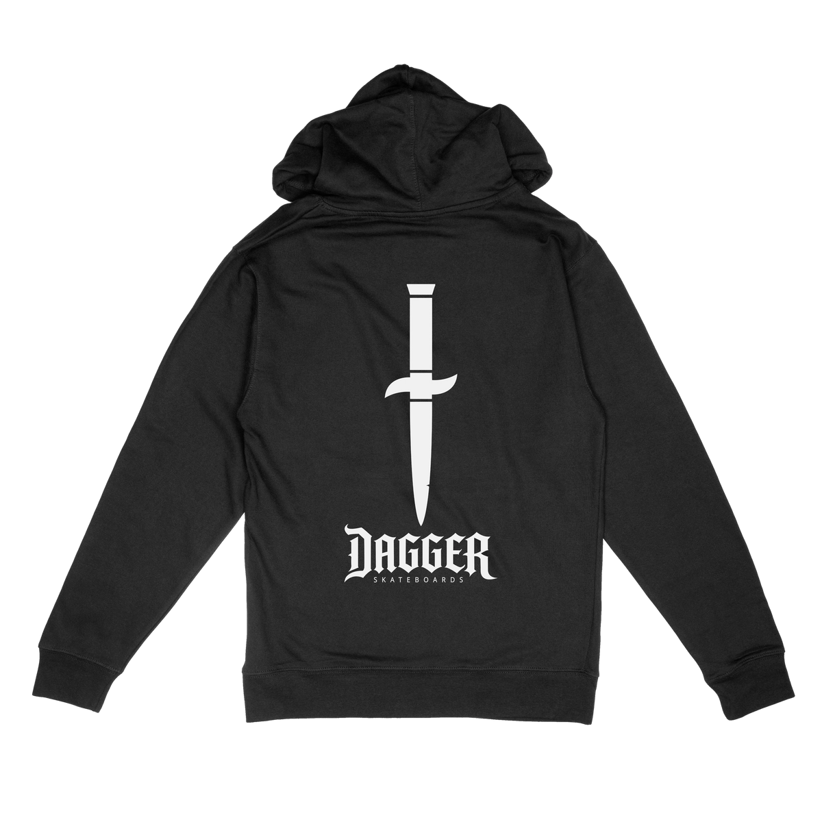 Dagger Blade Logo Hoodie back, black hoodie with large white dagger graphic above the Dagger Skateboards logo