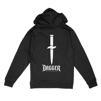 Dagger Blade Logo Hoodie back, black hoodie with large white dagger graphic above the Dagger Skateboards logo