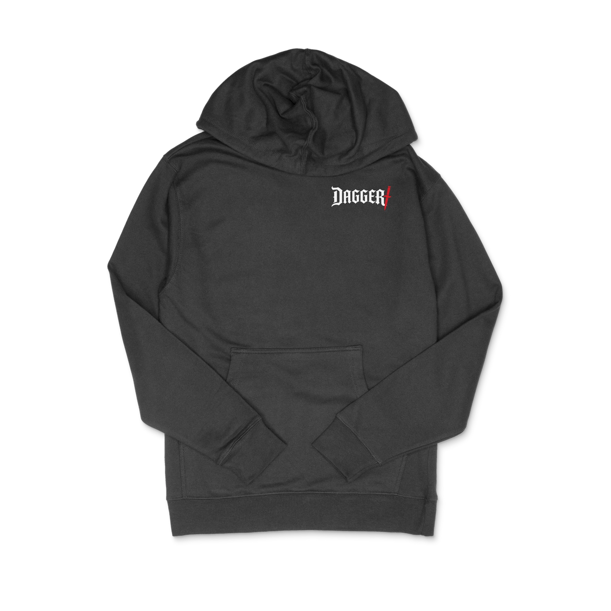 Dagger Blade Logo Hoodie front, black pullover hoodie with small white Dagger logo and red blade accent on the left chest