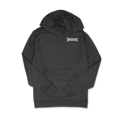 Dagger Blade Logo Hoodie front, black pullover hoodie with small white Dagger logo and red blade accent on the left chest