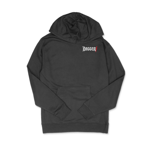 Dagger Blade Logo Hoodie front, black pullover hoodie with small white Dagger logo and red blade accent on the left chest