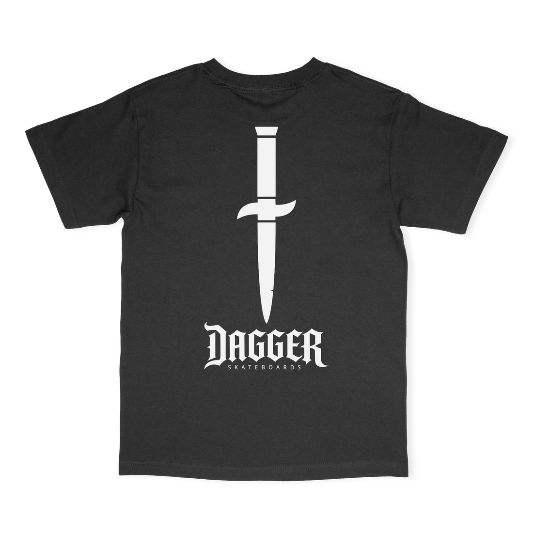 Dagger Blade Logo T-Shirt back, black tee with large white dagger graphic above the Dagger Skateboards logo