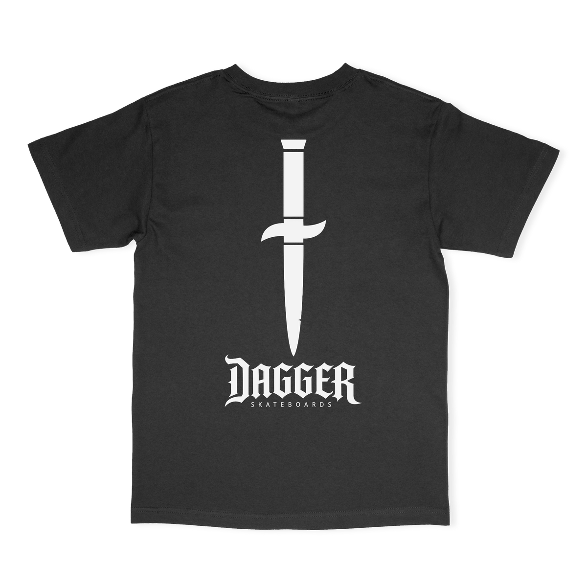 Dagger Blade Logo T-Shirt back, black tee with large white dagger graphic above the Dagger Skateboards logo
