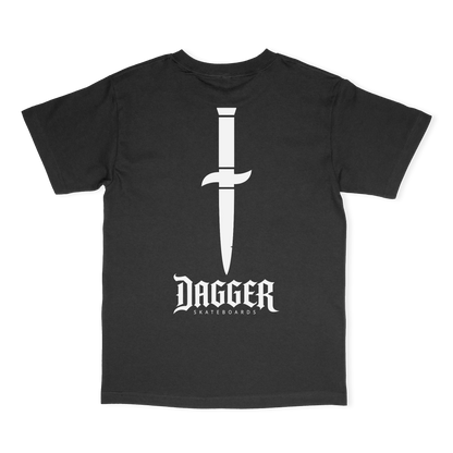Dagger Blade Logo T-Shirt back, black tee with large white dagger graphic above the Dagger Skateboards logo