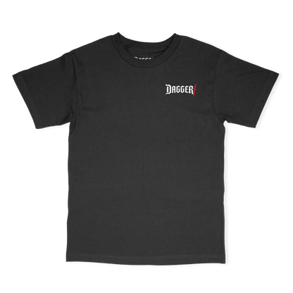 Dagger Blade Logo T-Shirt front, black tee with small white Dagger logo and red blade accent on the left chest