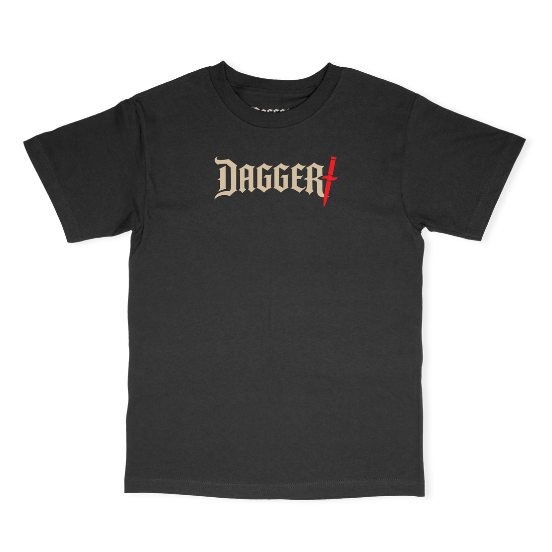 Black Dagger Classic Logo Skateboard Tee with ivory Gothic lettering and red dagger graphic