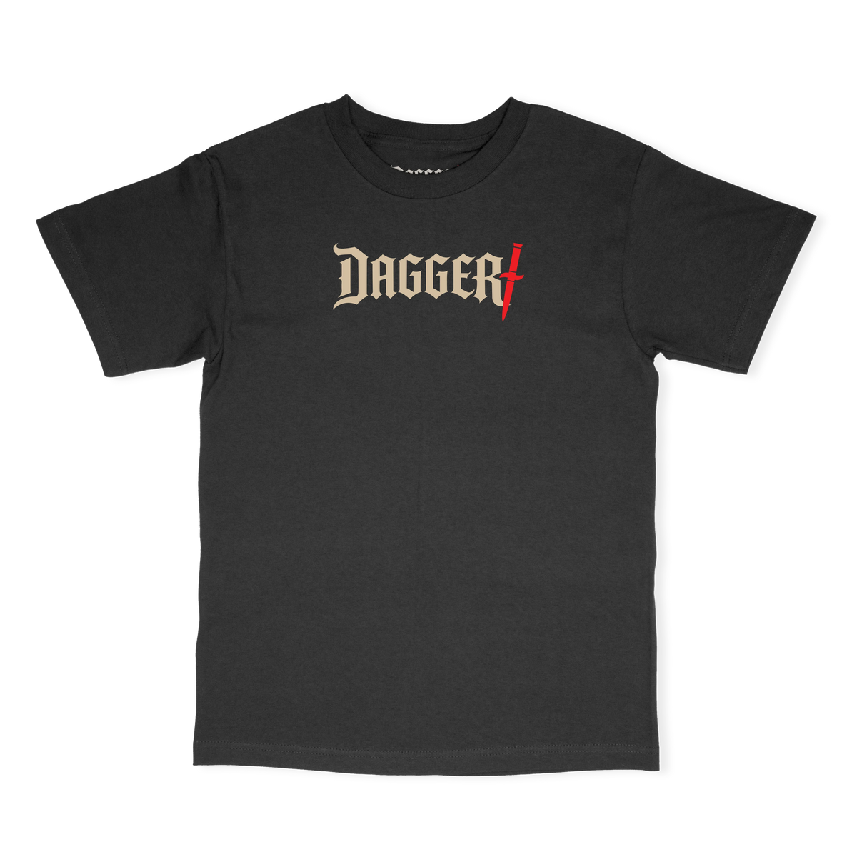 Black Dagger Classic Logo Skateboard Tee with ivory Gothic lettering and red dagger graphic