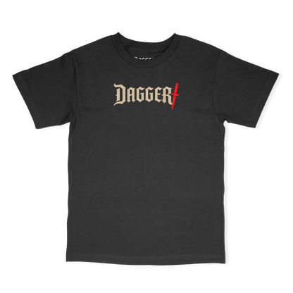 Black Dagger Classic Logo Skateboard Tee with ivory Gothic lettering and red dagger graphic