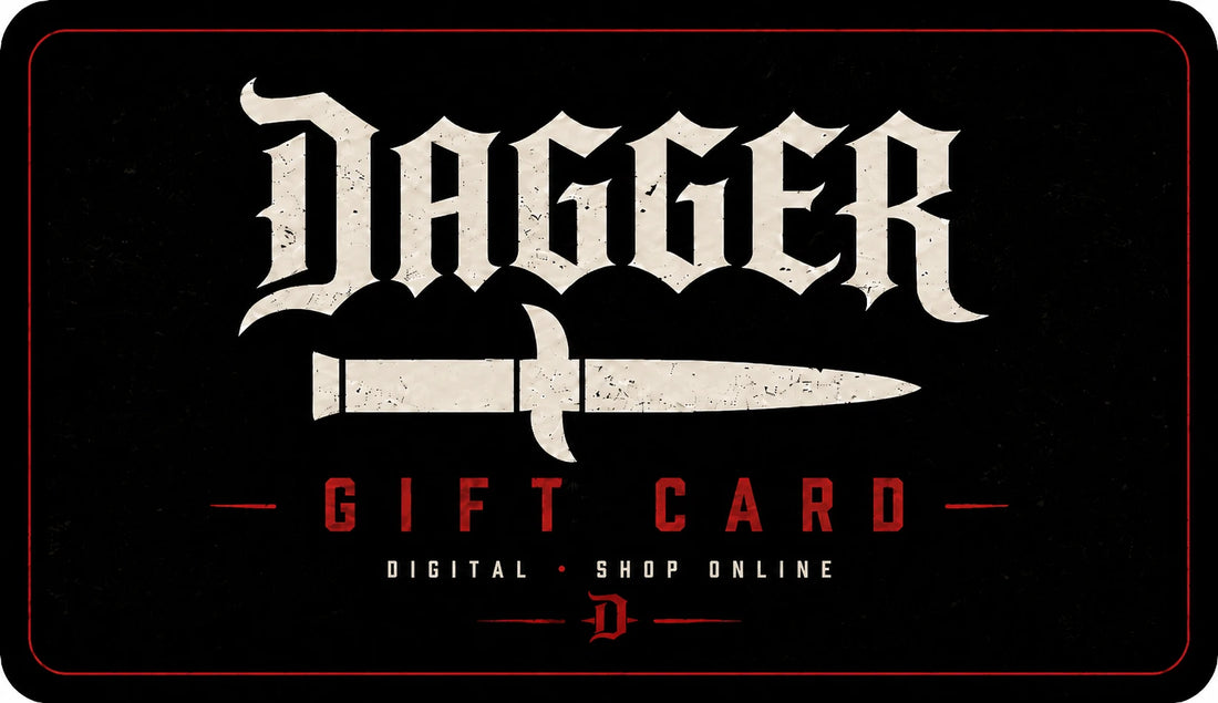 Dagger Skateboards digital gift card with cream Dagger logo and knife graphic on black with red accents