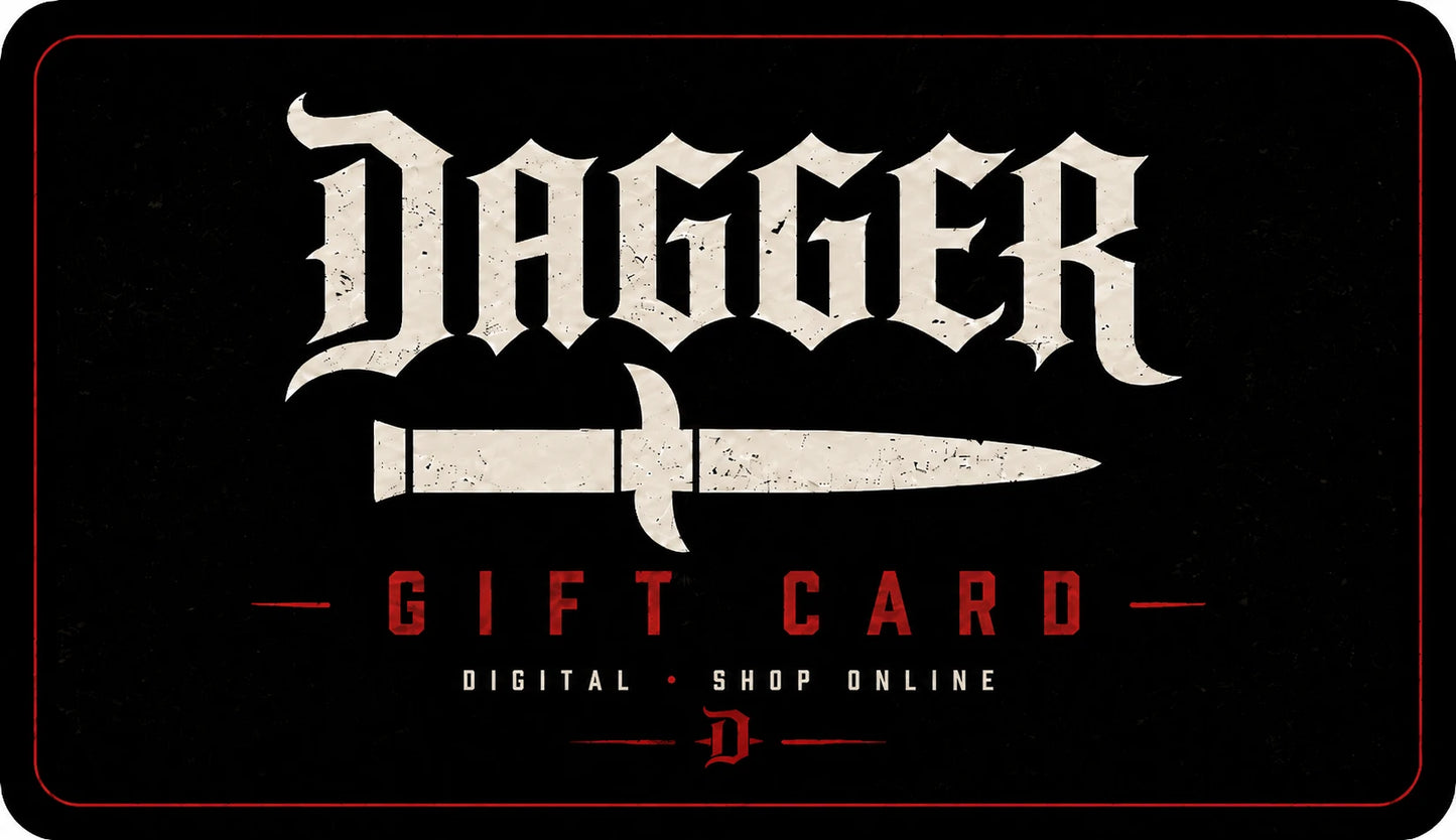 Dagger Skateboards digital gift card with cream Dagger logo and knife graphic on black with red accents