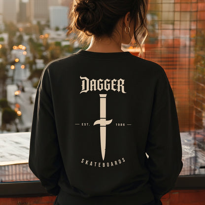 Woman wearing the Dagger Established Crewneck, back graphic with dagger icon and EST. 1986 — Dagger Skateboards