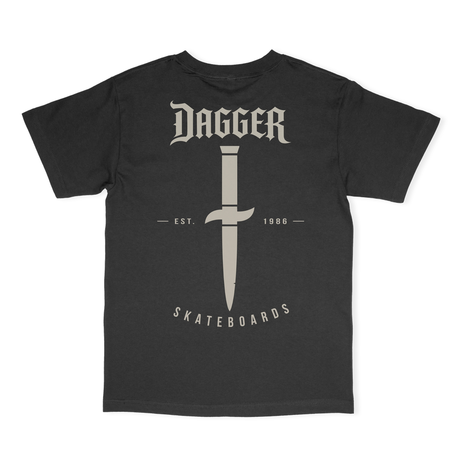 Dagger Established Tee black t-shirt with Dagger blade graphic, EST. 1986 detail, and Skateboards lettering on back