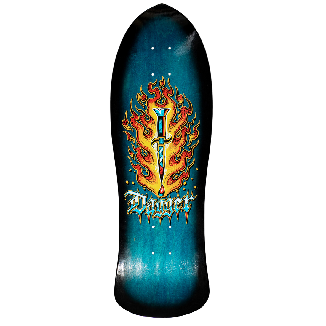 Dagger Fire Blade 10 inch old school skateboard deck with blue stain, flame graphic, and 1980s pool shape