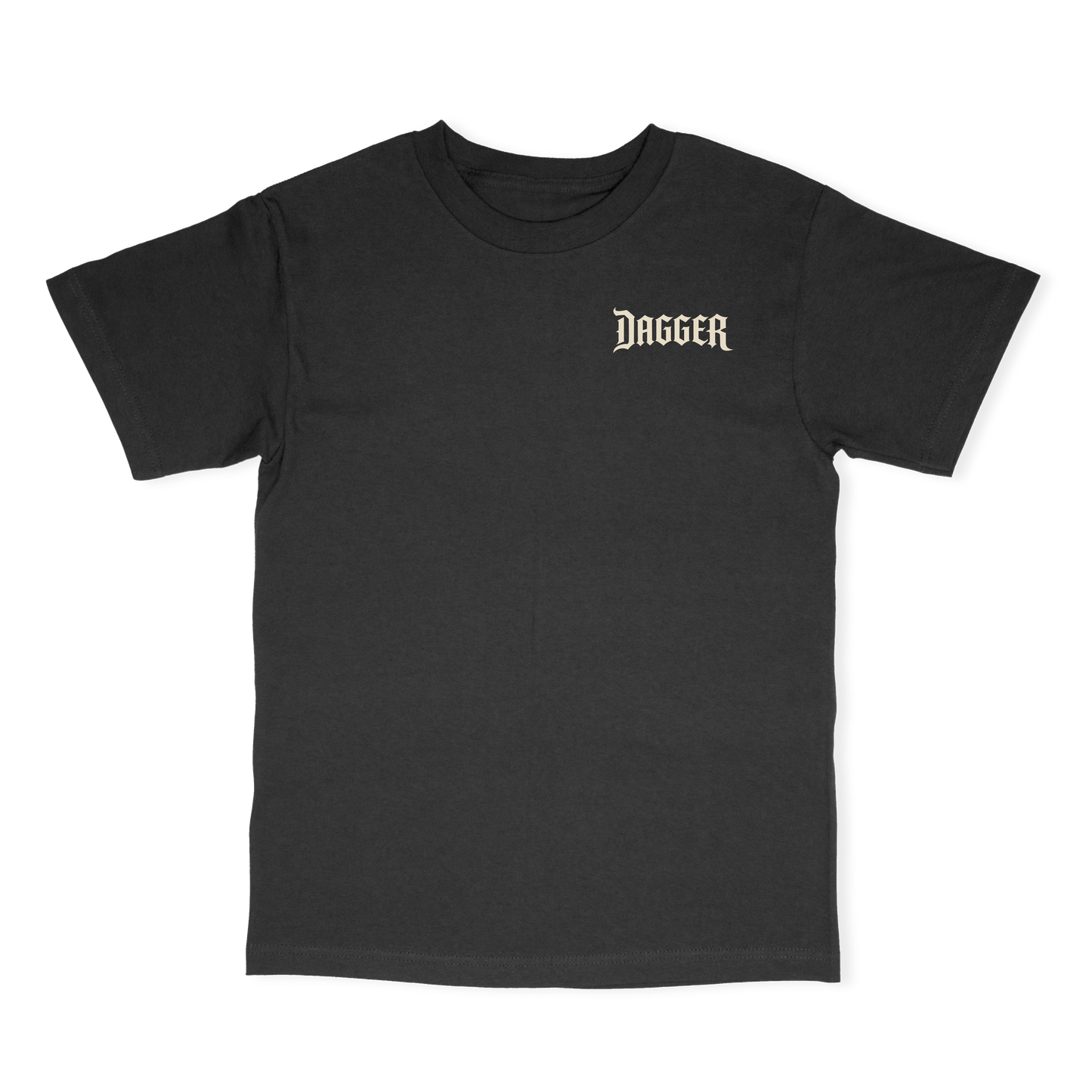 Black Dagger Skateboards t-shirt with small gothic Dagger wordmark on the left chest