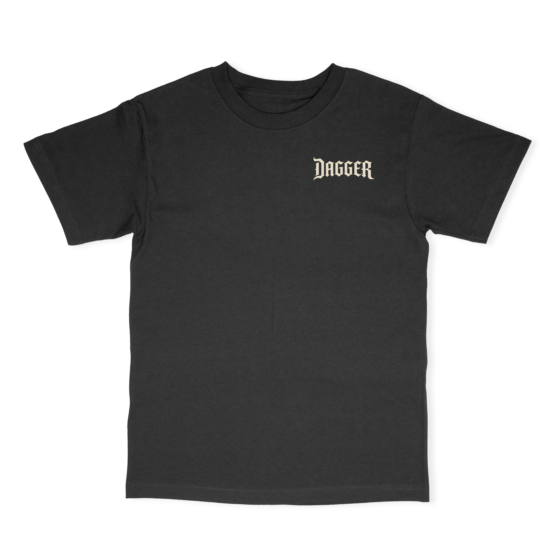 Black Dagger Skateboards t-shirt with small gothic Dagger wordmark on the left chest