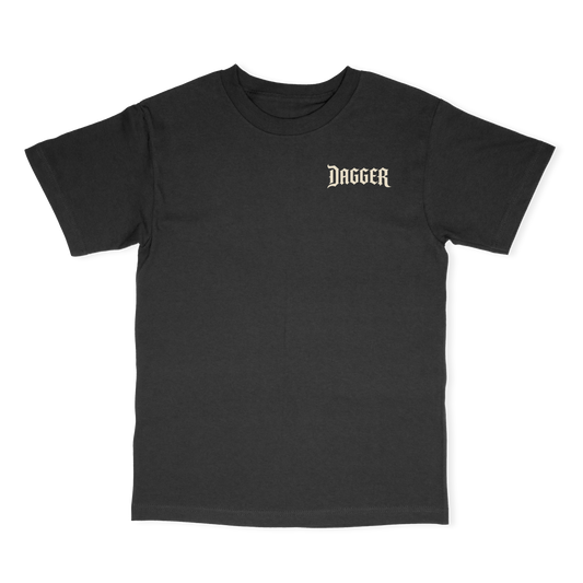 Black Dagger Skateboards t-shirt with small gothic Dagger wordmark on the left chest