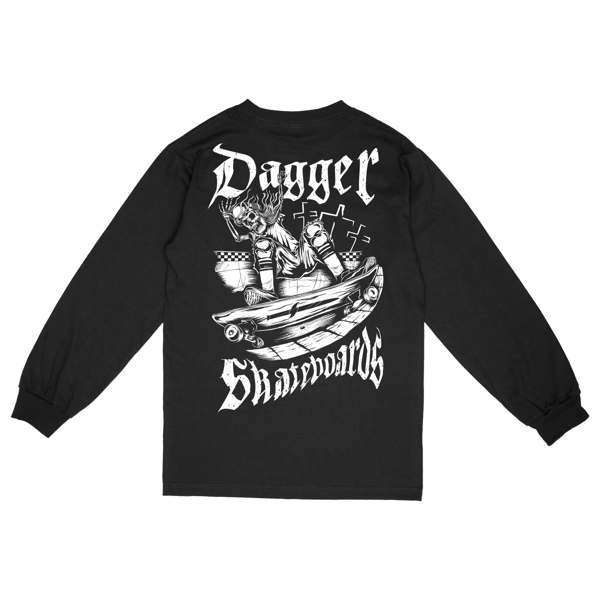 Dagger Grind Long Sleeve T-Shirt in black featuring large white Dagger Skateboards graphic on the back