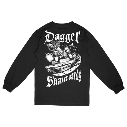Dagger Grind Long Sleeve T-Shirt in black featuring large white Dagger Skateboards graphic on the back