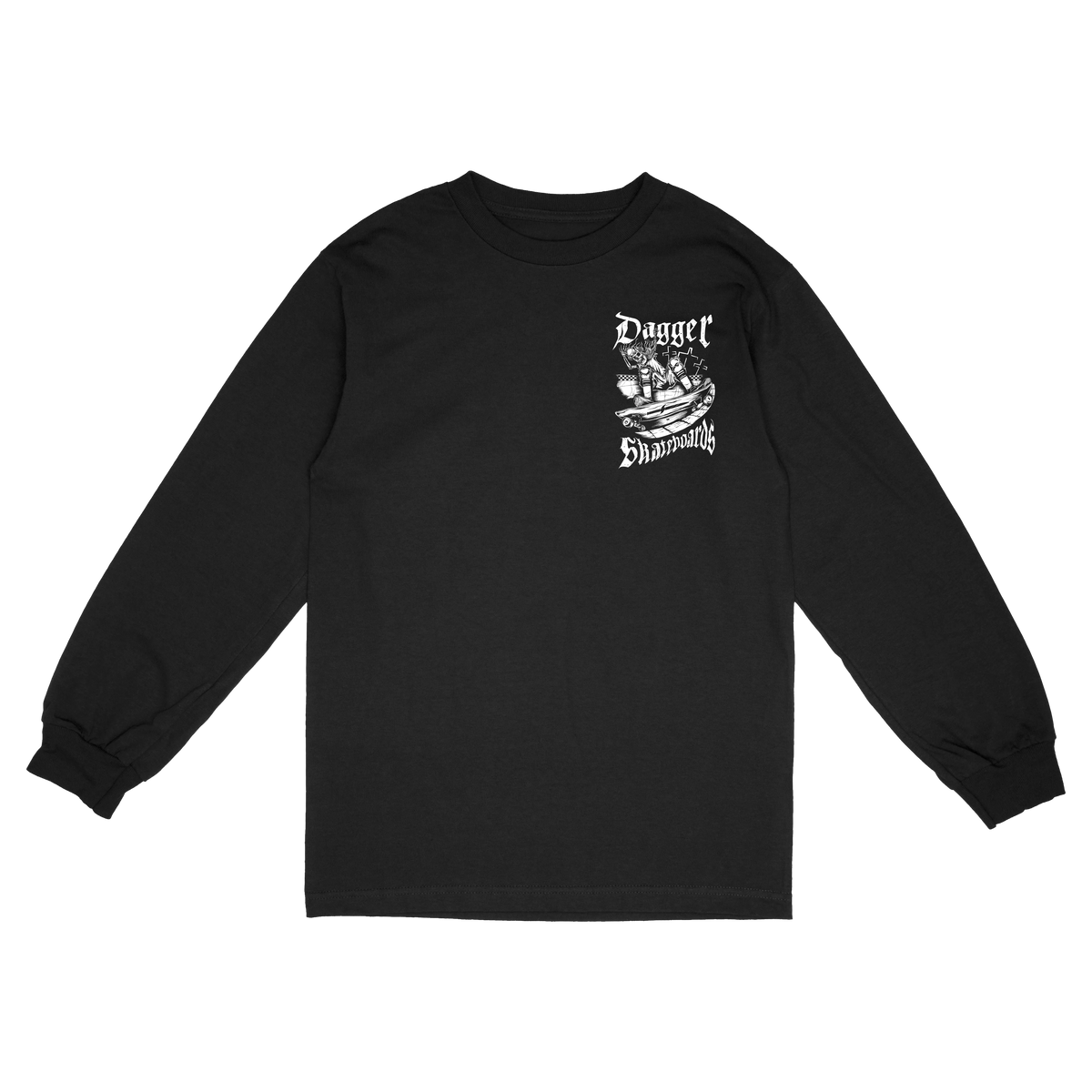 Dagger Grind Long Sleeve T-Shirt in black featuring a small white Dagger Skateboards graphic on the left chest, front view