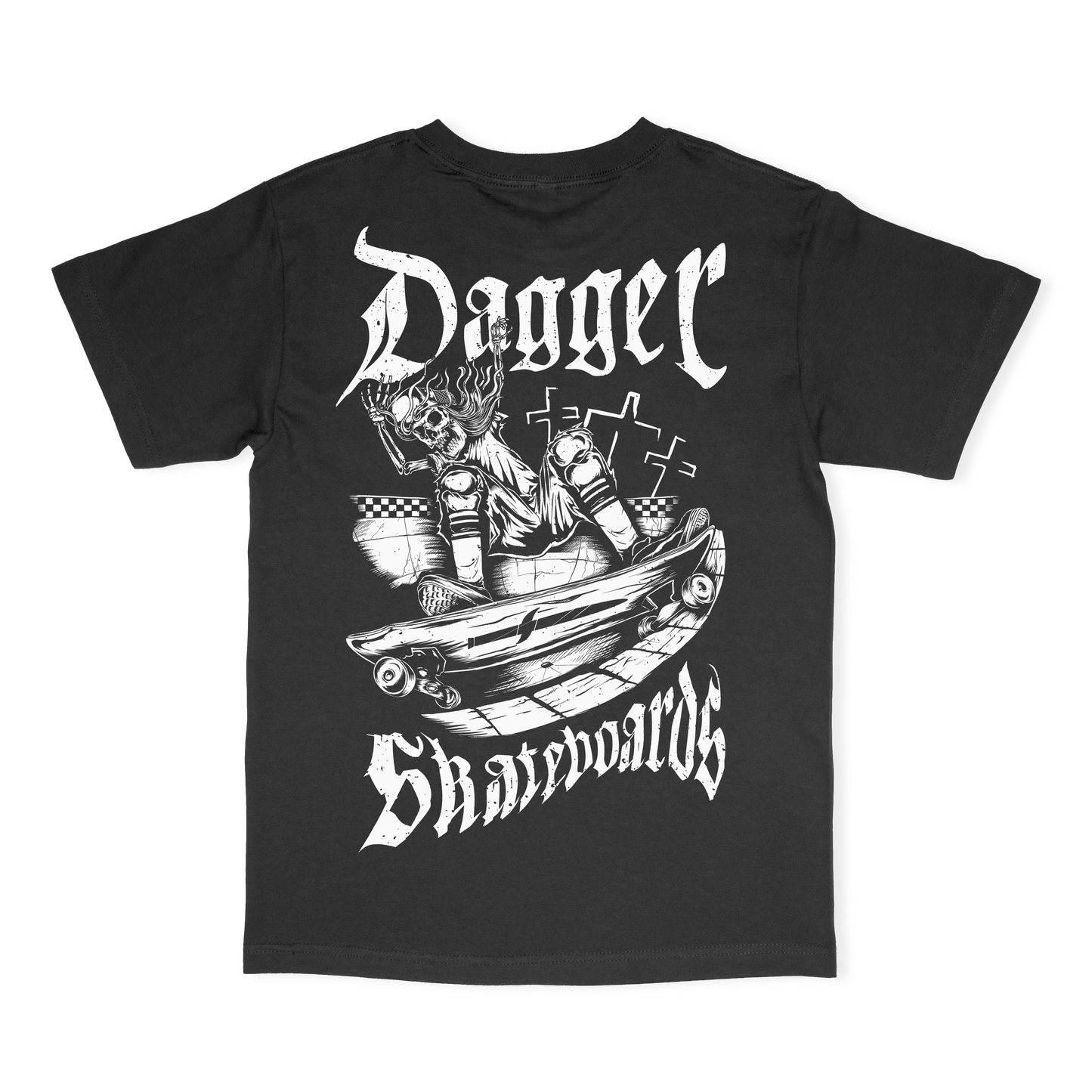 Dagger Grind black t-shirt with black-and-white skateboarder graphic and Dagger Skateboards lettering on the back