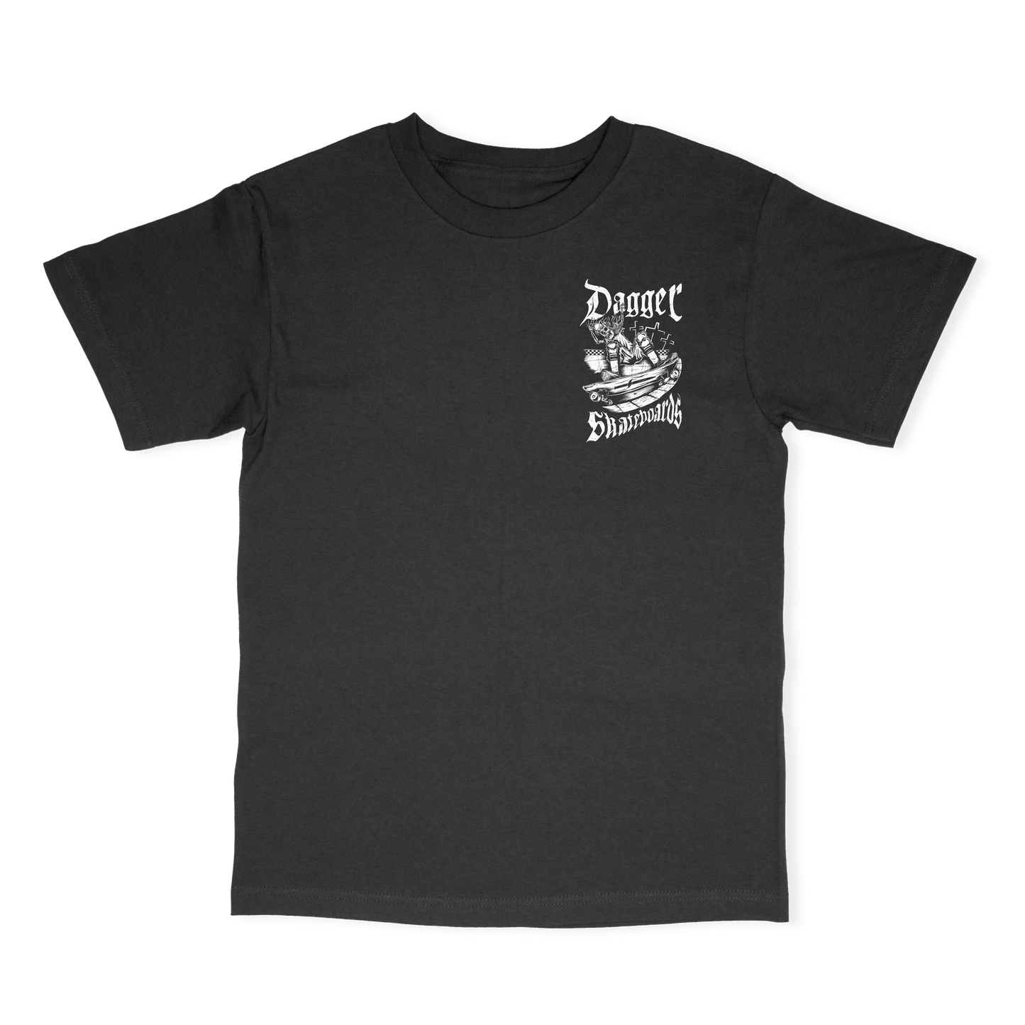 Dagger Grind black t-shirt with small Dagger Skateboards graphic on the front left chest