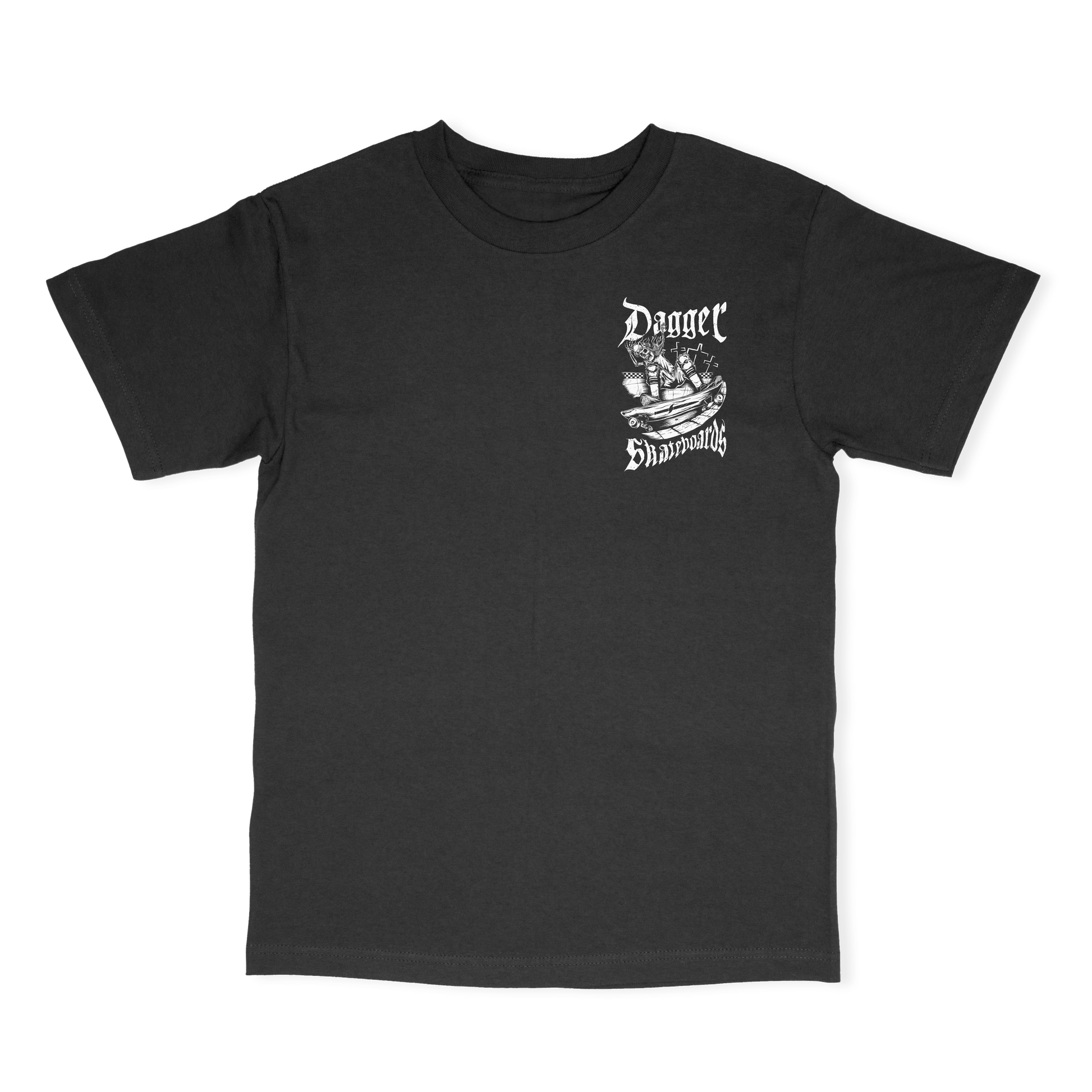 Dagger Grind black t-shirt with small Dagger Skateboards graphic on the front left chest