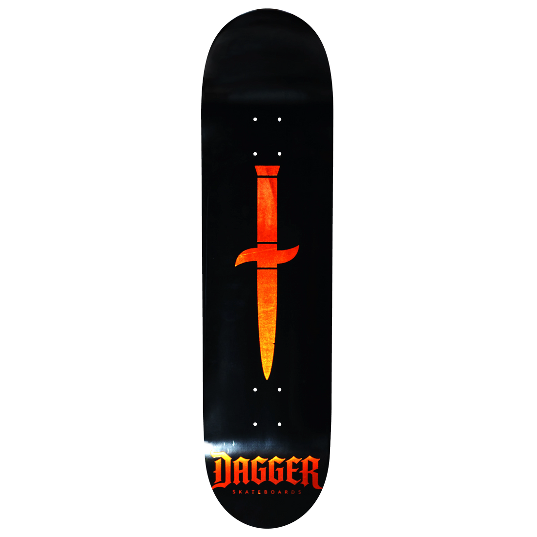 Dagger Halloween Foil Skateboard Deck, black deck with a metallic orange foil dagger and Gothic Dagger Skateboards logo