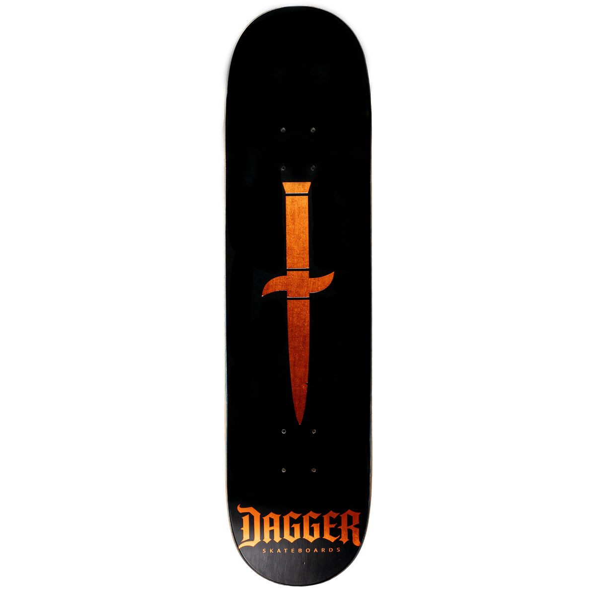 Dagger Halloween Foil Skateboard Deck, black deck with a metallic orange foil dagger and Gothic Dagger Skateboards logo