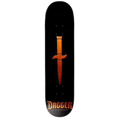 Dagger Halloween Foil Skateboard Deck, black deck with a metallic orange foil dagger and Gothic Dagger Skateboards logo