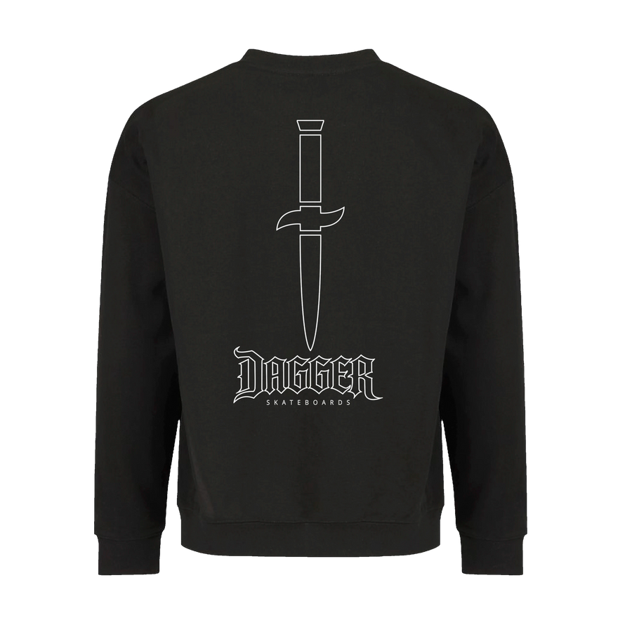 Dagger Outline Blade Crewneck back print with white dagger icon and Dagger Skateboards wordmark