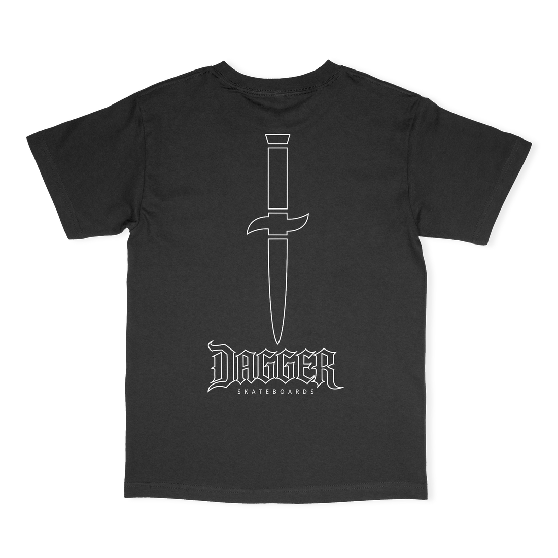 Dagger Outline Blade T-Shirt back, black tee with large white outline dagger above the outline Dagger Skateboards logo