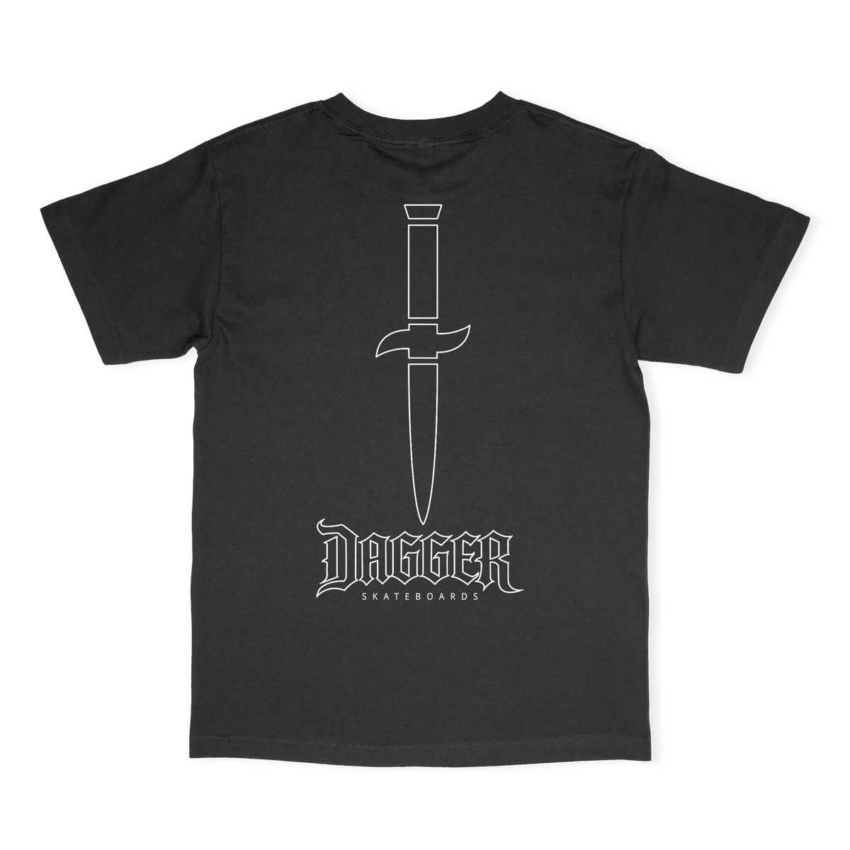 Dagger Outline Blade T-Shirt back, black tee with large white outline dagger above the outline Dagger Skateboards logo